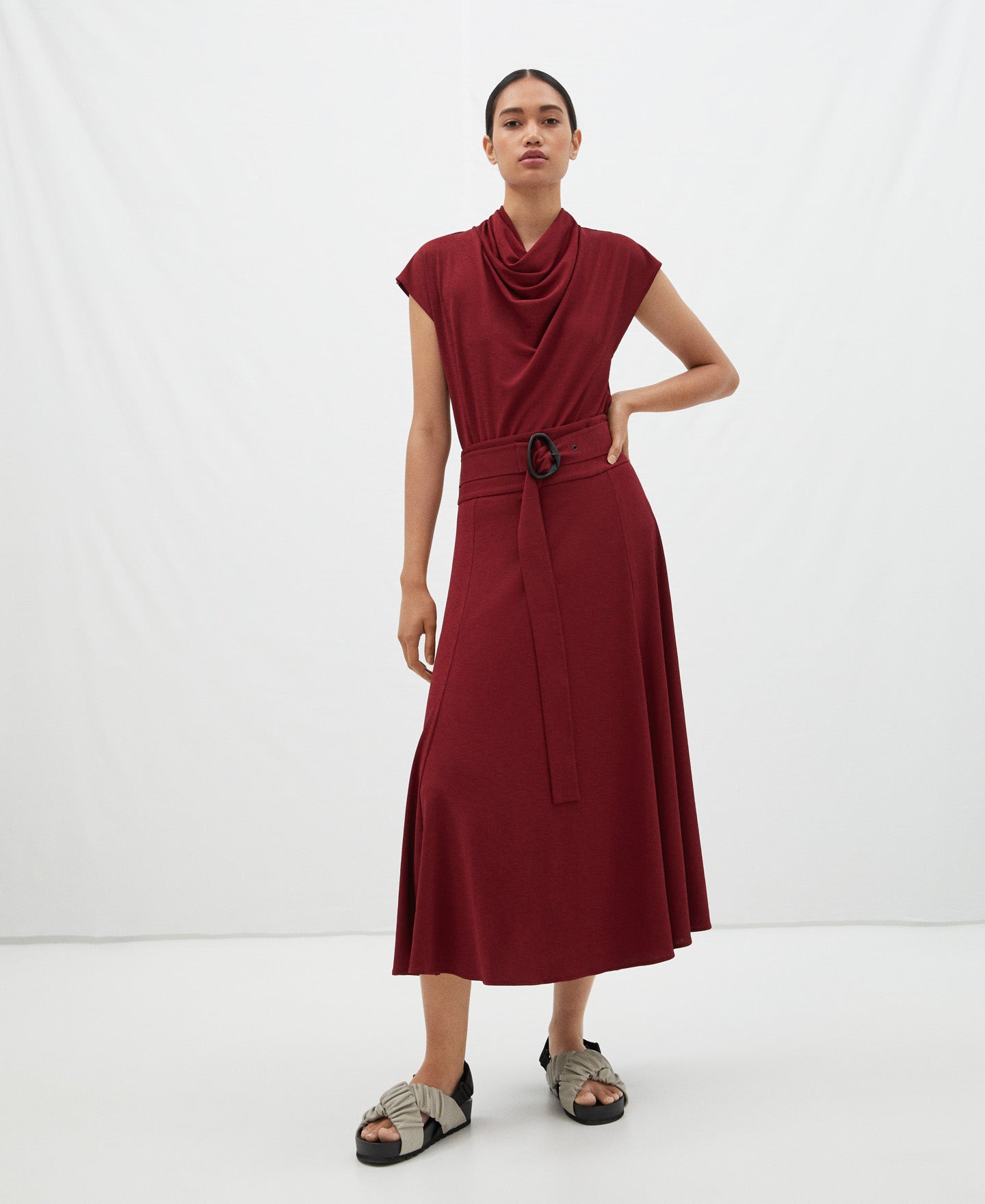 Women Shirt | Red Draped Collar Blouse by Spanish designer Adolfo Dominguez