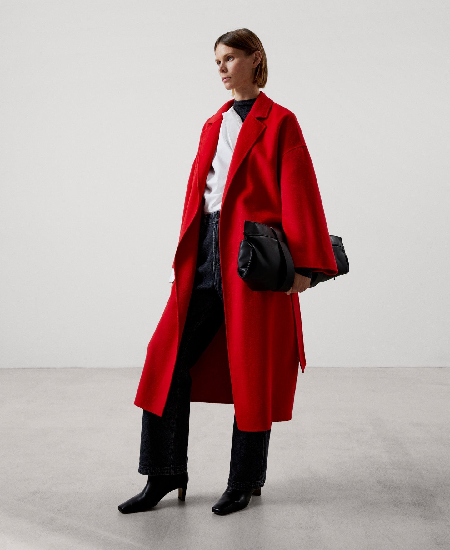Women Coat | Red Merino Wool Flared Coat by Spanish designer Adolfo Dominguez