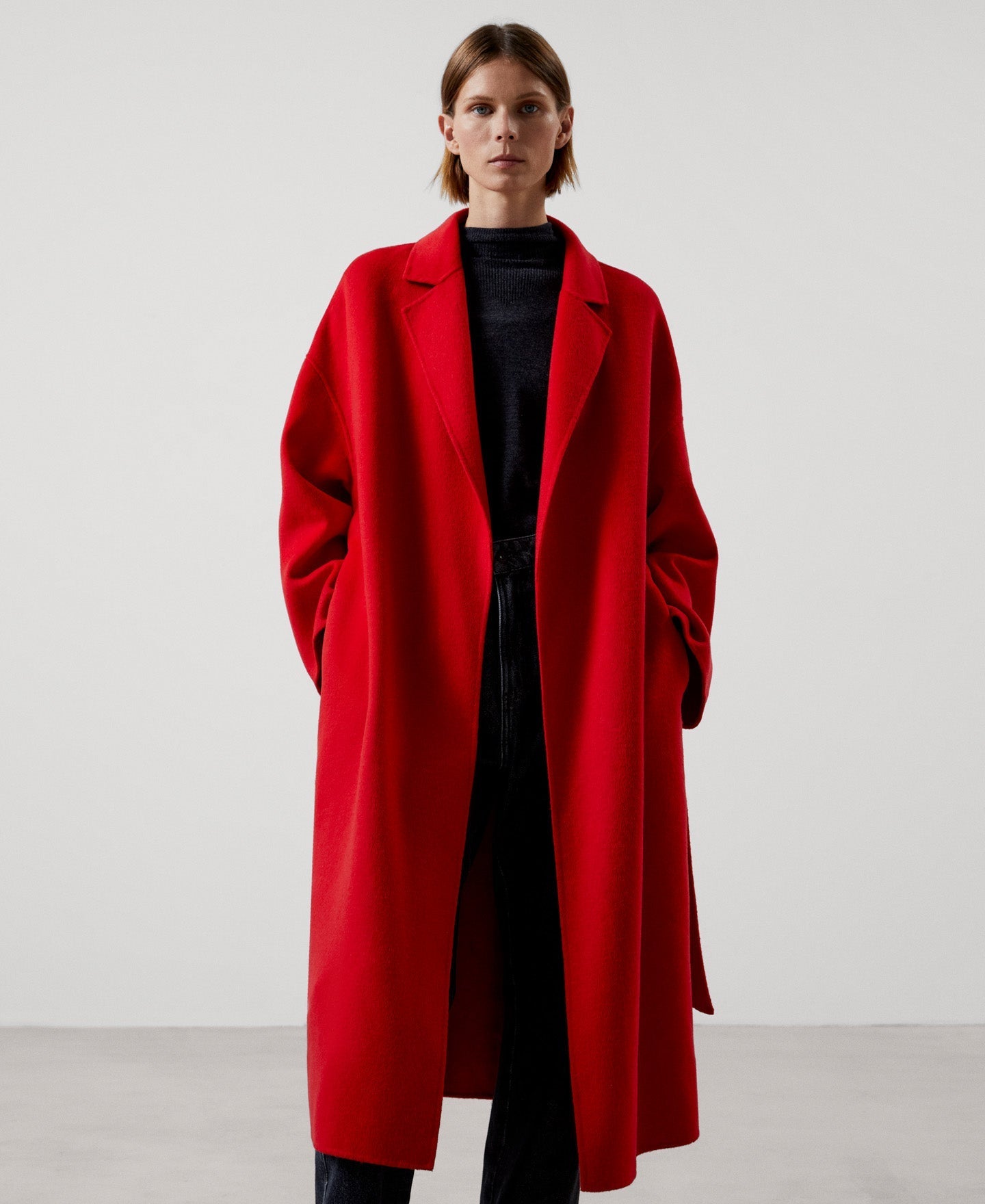 Women Coat | Red Merino Wool Flared Coat by Spanish designer Adolfo Dominguez
