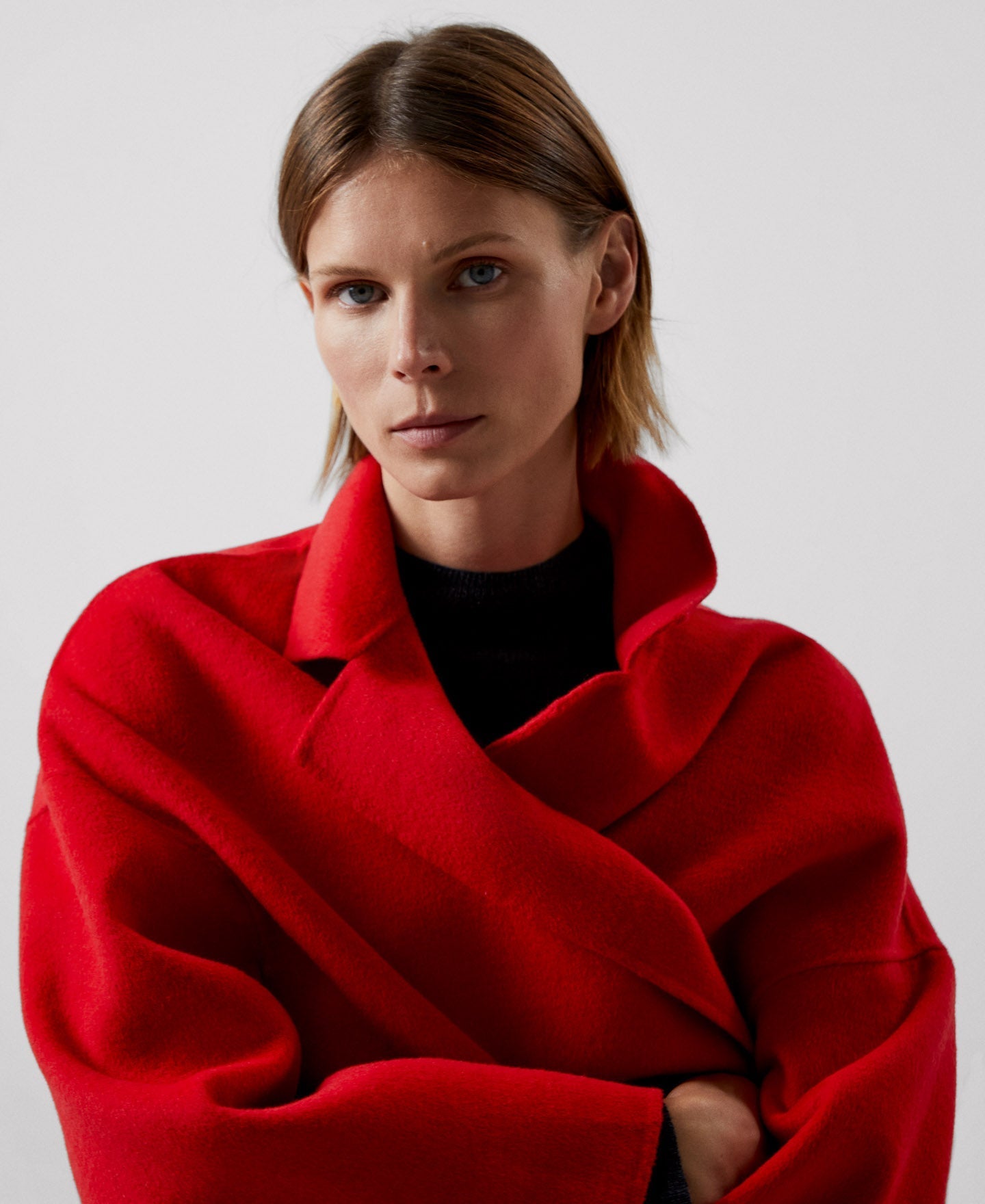 Women Coat | Red Merino Wool Flared Coat by Spanish designer Adolfo Dominguez