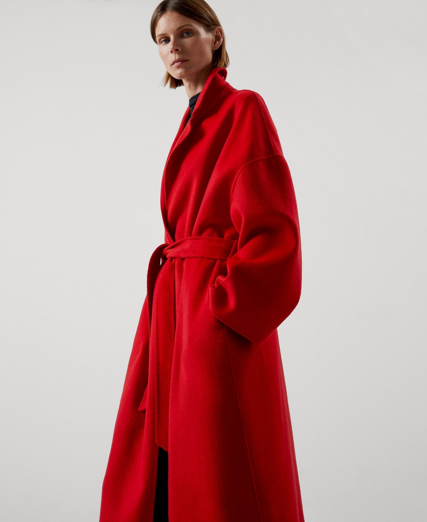 Women Coat | Red Merino Wool Flared Coat by Spanish designer Adolfo Dominguez