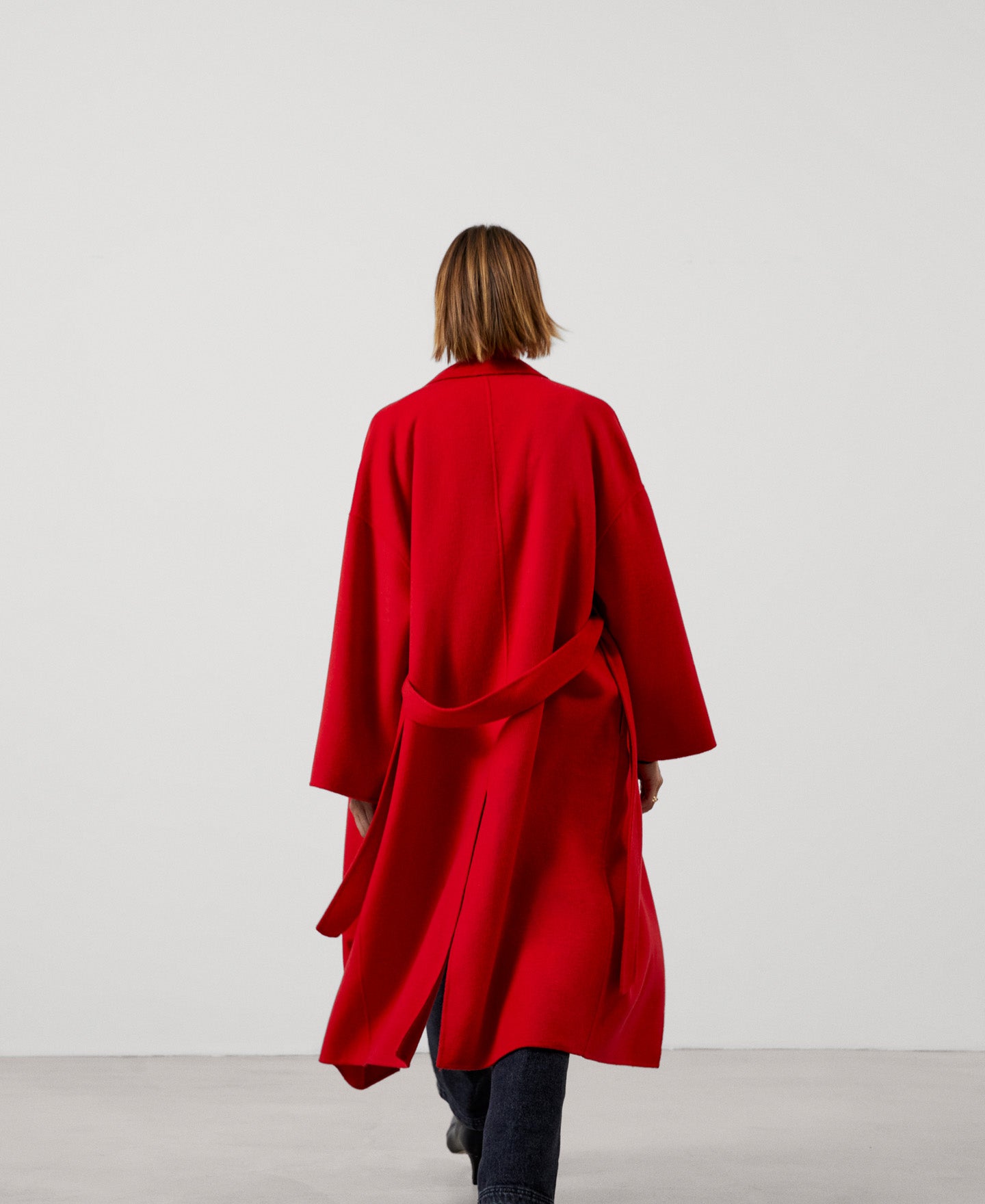 Women Coat | Red Merino Wool Flared Coat by Spanish designer Adolfo Dominguez