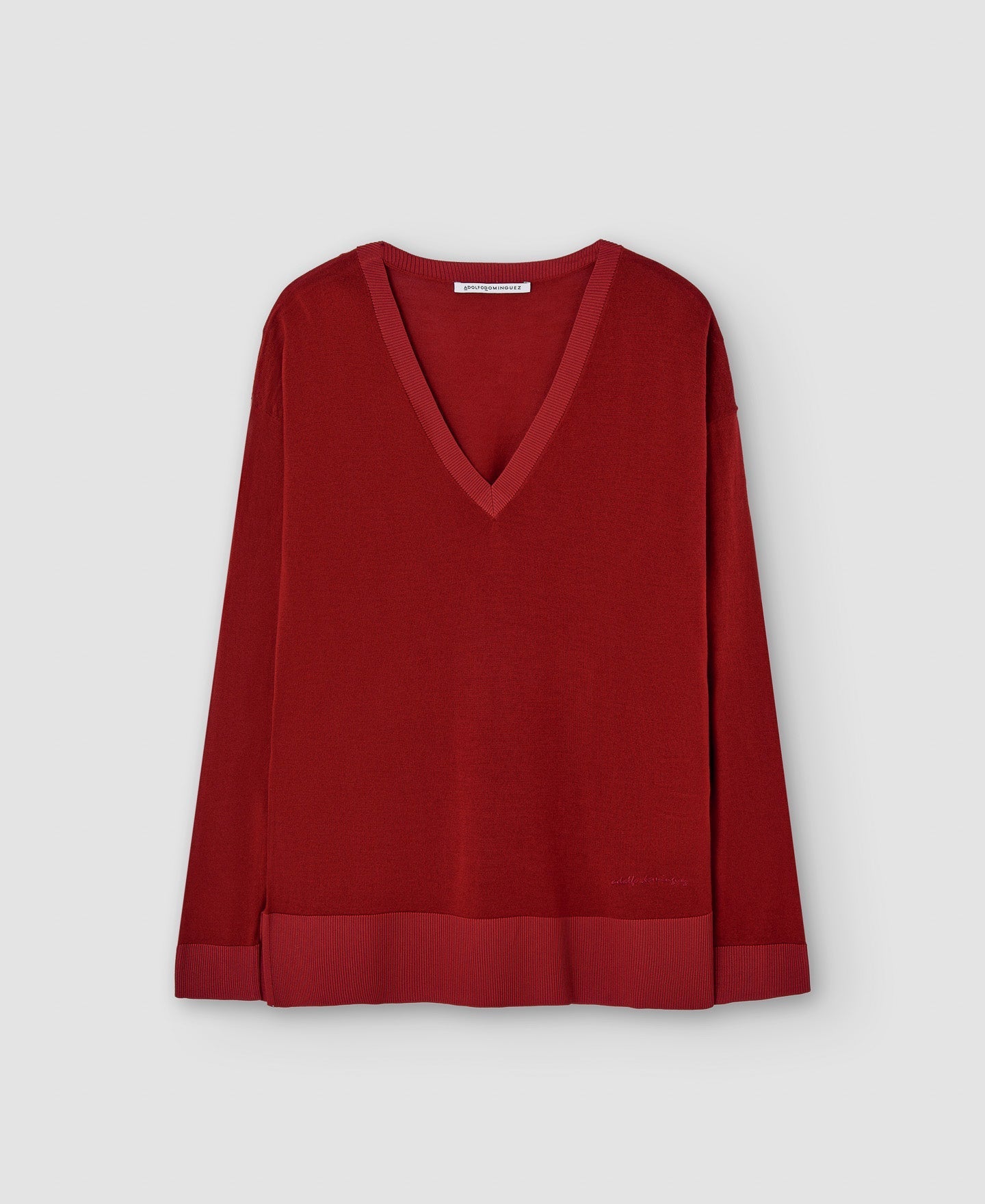Women Jersey | Red Merino Wool V-Neck Sweater by Spanish designer Adolfo Dominguez