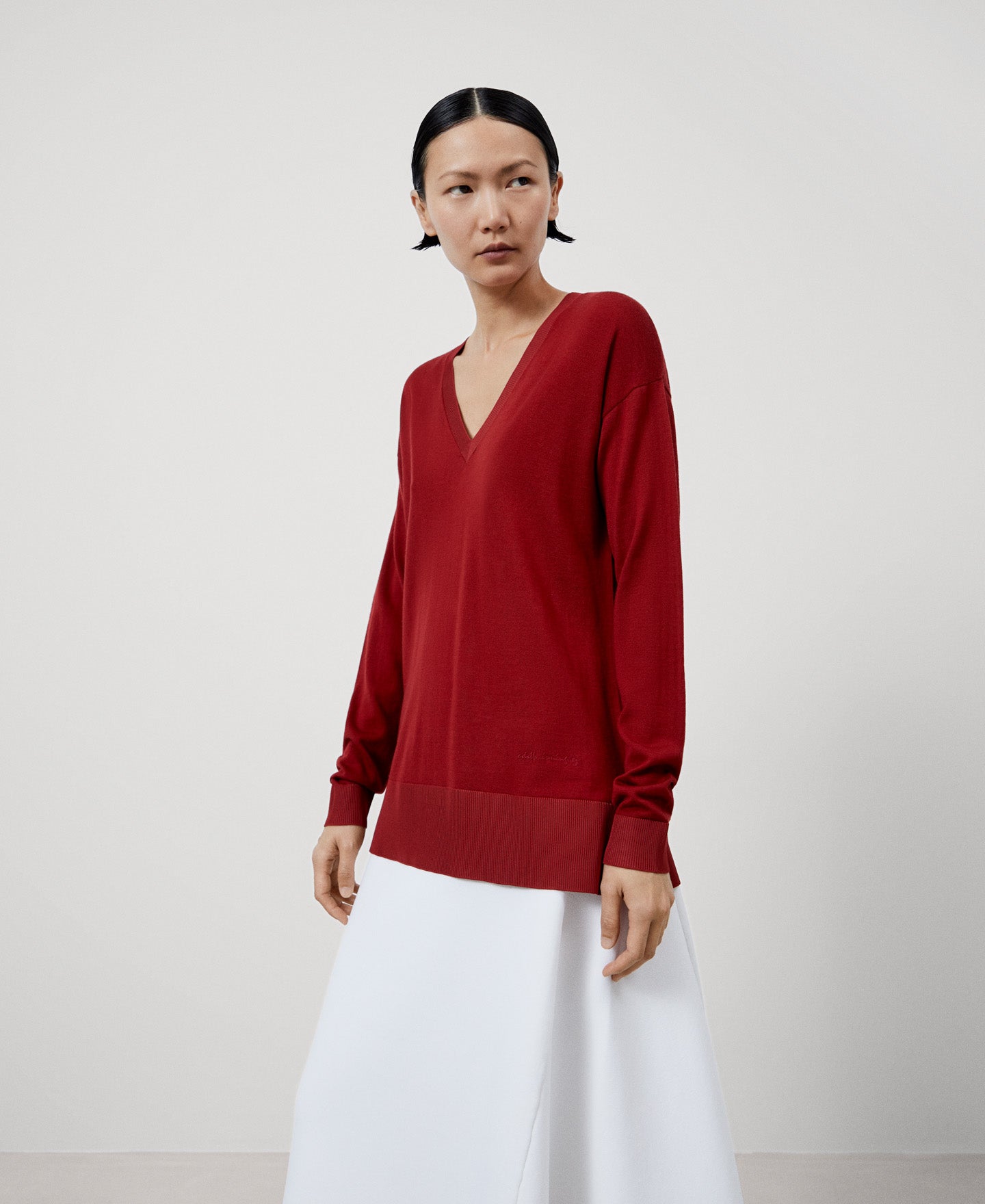 Women Jersey | Red Merino Wool V-Neck Sweater by Spanish designer Adolfo Dominguez