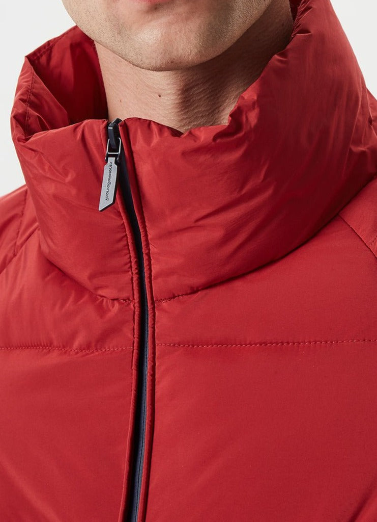 Men Long Jacket | Red Nylon Padded Parka With Raglan Sleeve by Spanish designer Adolfo Dominguez