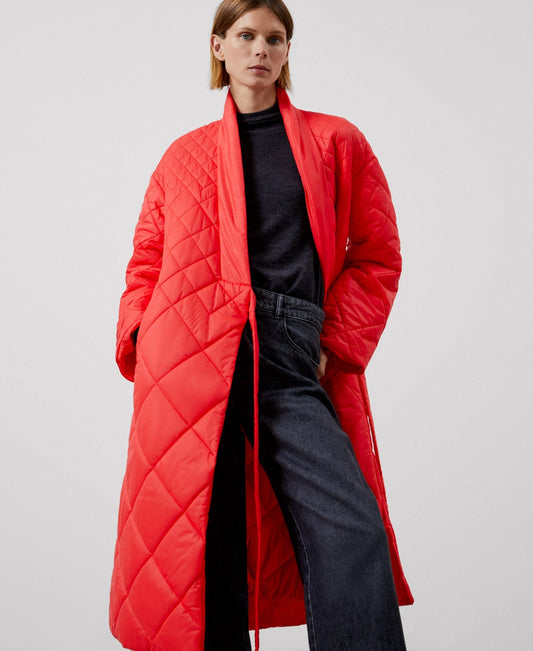 Women Long Jacket | Red Recycled Nylon Padded Coat by Spanish designer Adolfo Dominguez