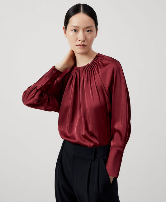 Women Short Sleeved Shirt | Red Ruffled Collar And Japanese Sleeve Shirt by Spanish designer Adolfo Dominguez