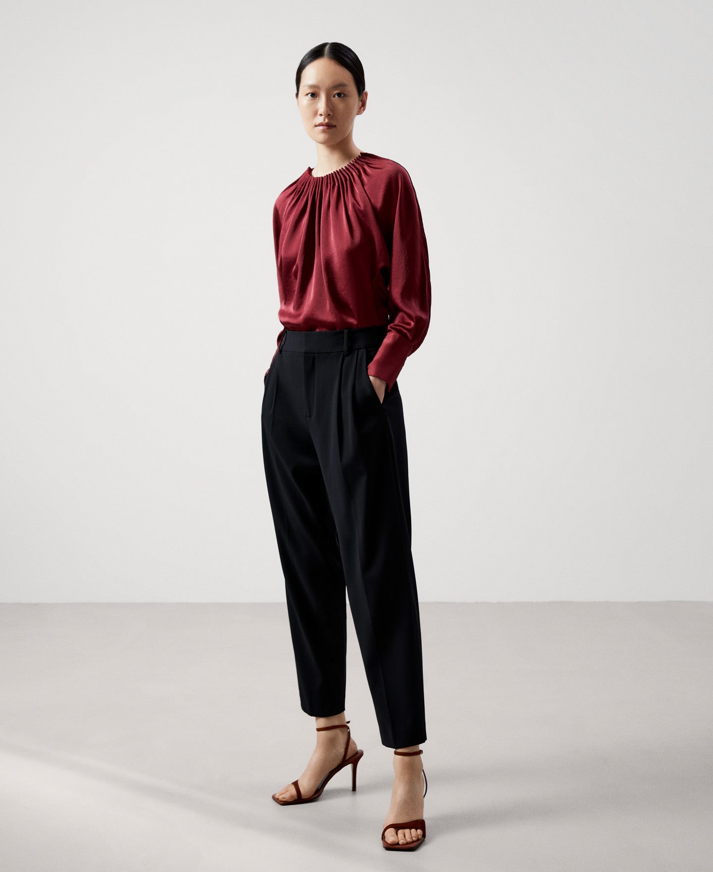 Women Short Sleeved Shirt | Red Ruffled Collar And Japanese Sleeve Shirt by Spanish designer Adolfo Dominguez