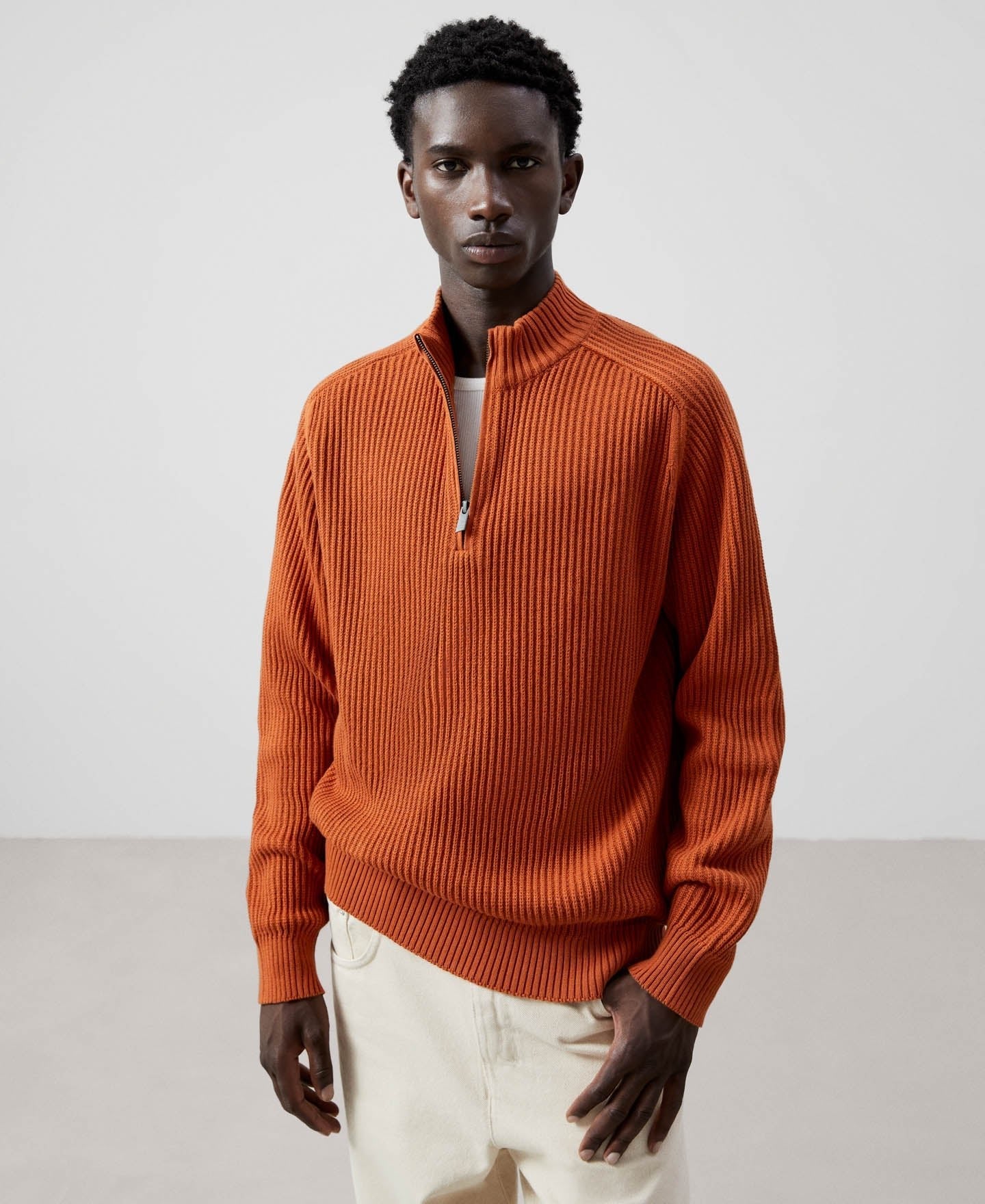 Men Jersey | Red Russet Cotton Zip-Neck Sweater by Spanish designer Adolfo Dominguez