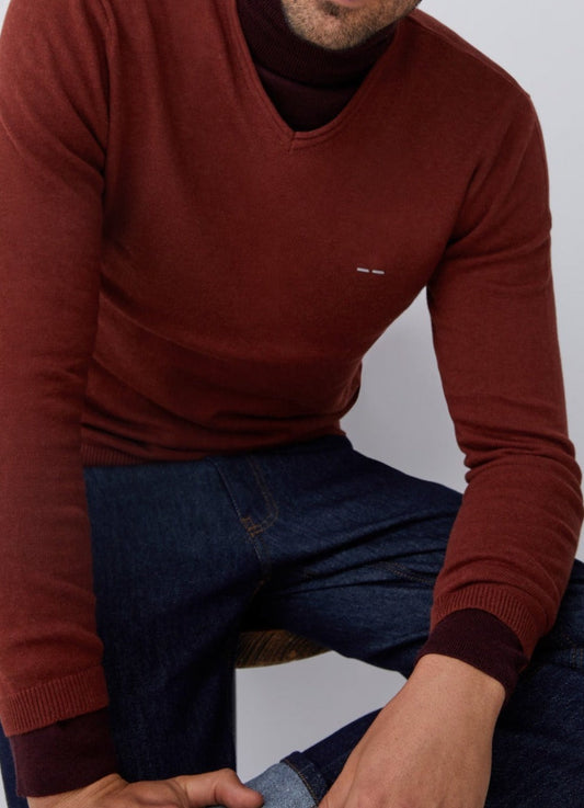 Men Jersey | Red V-Neckline Sweater With Roll Edge Collar by Spanish designer Adolfo Dominguez