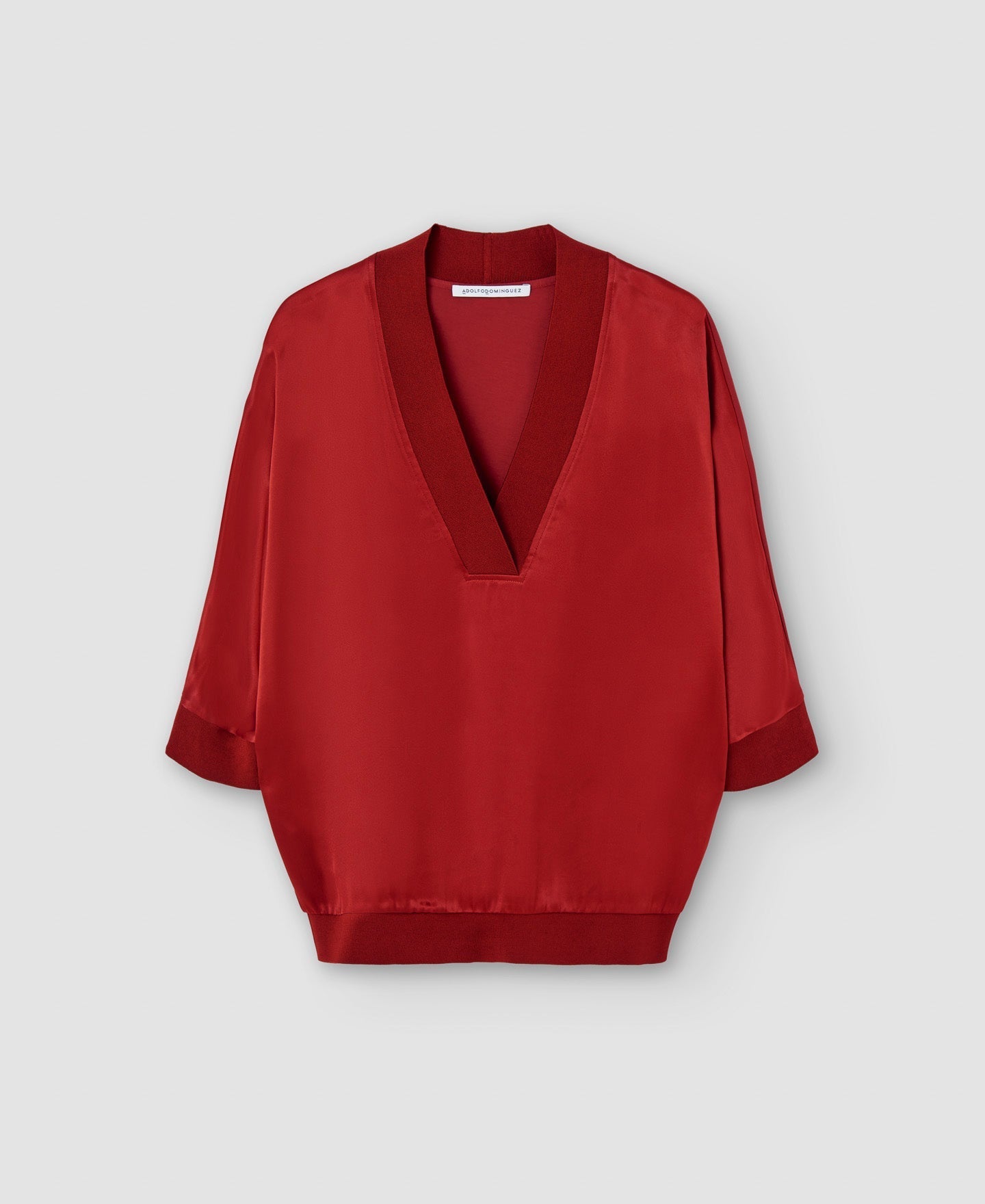 Women Long-Sleeve T-Shirt | Red Viscose V-Neckline Blouse by Spanish designer Adolfo Dominguez