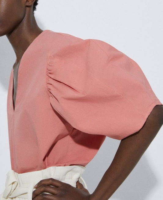 Women Short Sleeved Shirt | Salmon Puffed Sleeve Blouse In Cotton by Spanish designer Adolfo Dominguez