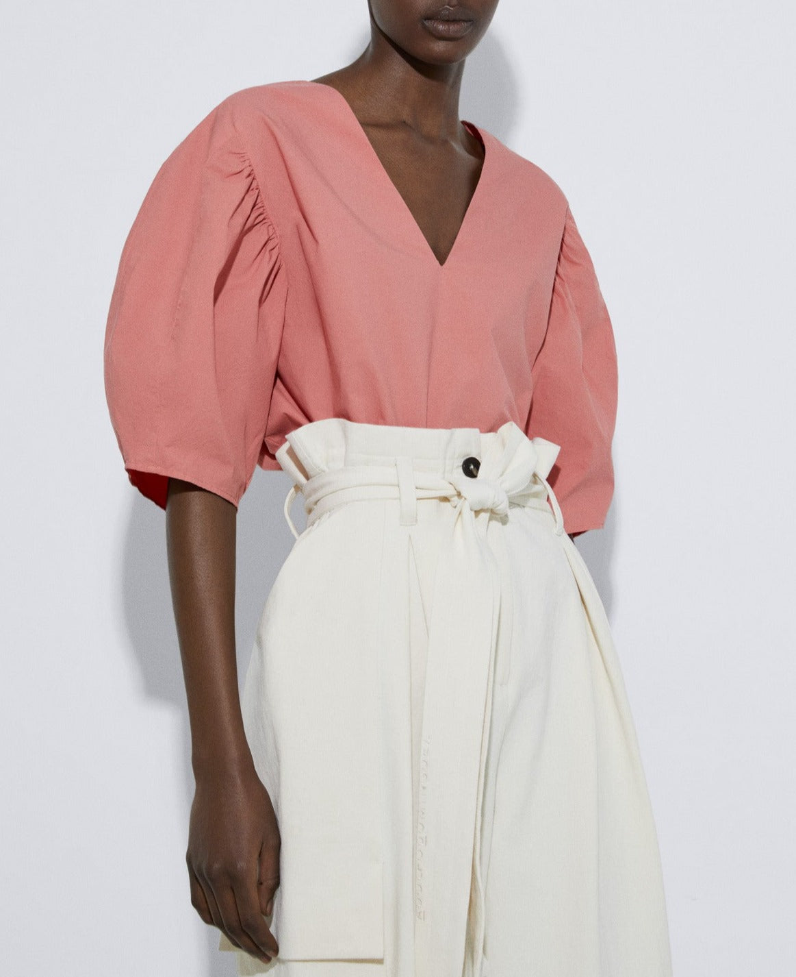 Women Short Sleeved Shirt | Salmon Puffed Sleeve Blouse In Cotton by Spanish designer Adolfo Dominguez