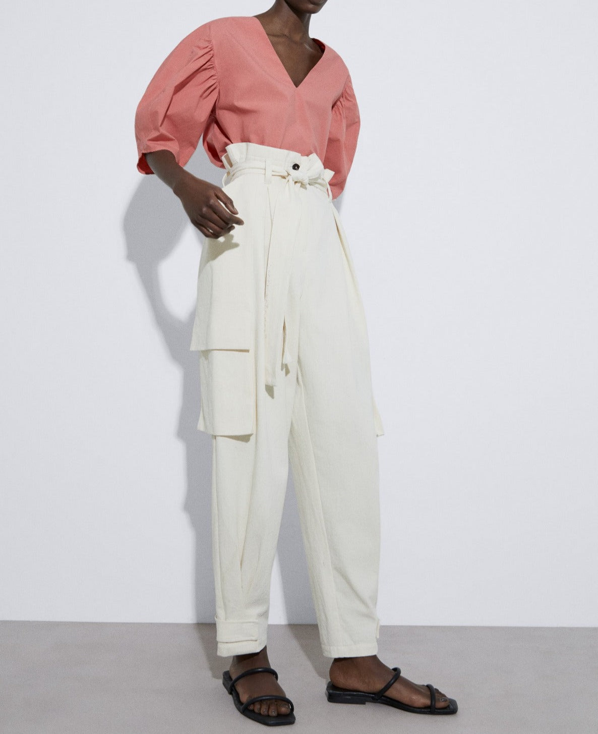 Women Short Sleeved Shirt | Salmon Puffed Sleeve Blouse In Cotton by Spanish designer Adolfo Dominguez