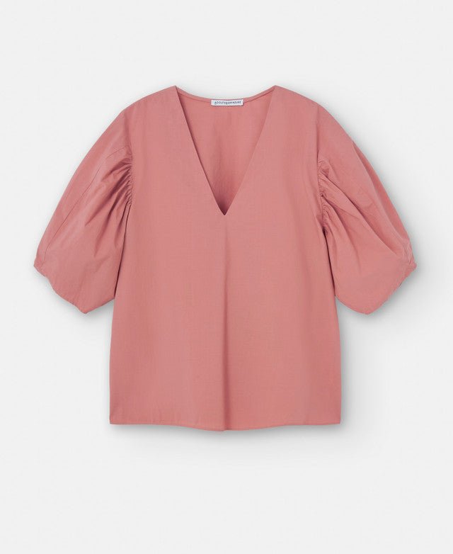 Women Short Sleeved Shirt | Salmon Puffed Sleeve Blouse In Cotton by Spanish designer Adolfo Dominguez