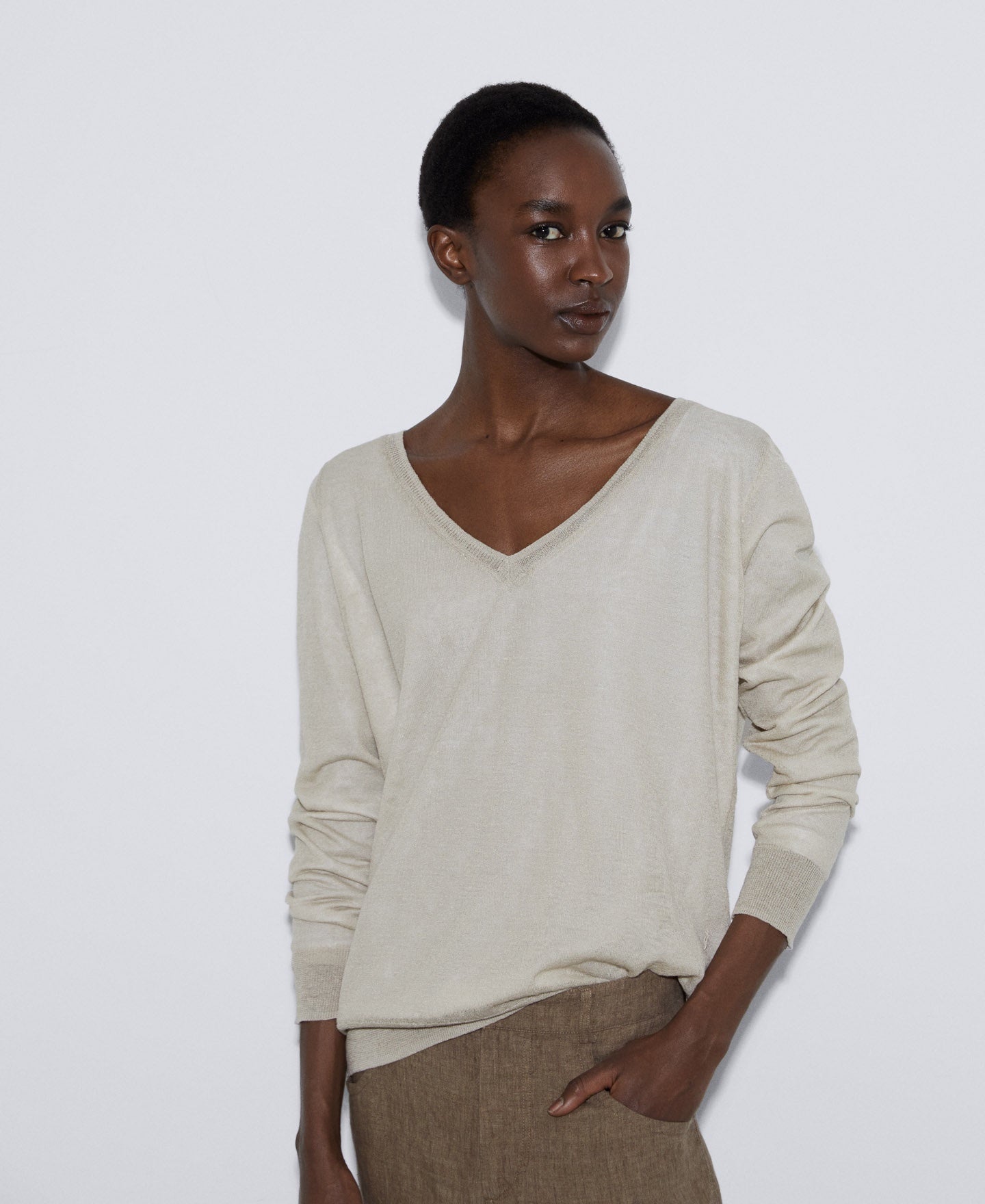 Women Jersey | Sand Fine Linen Sweater by Spanish designer Adolfo Dominguez