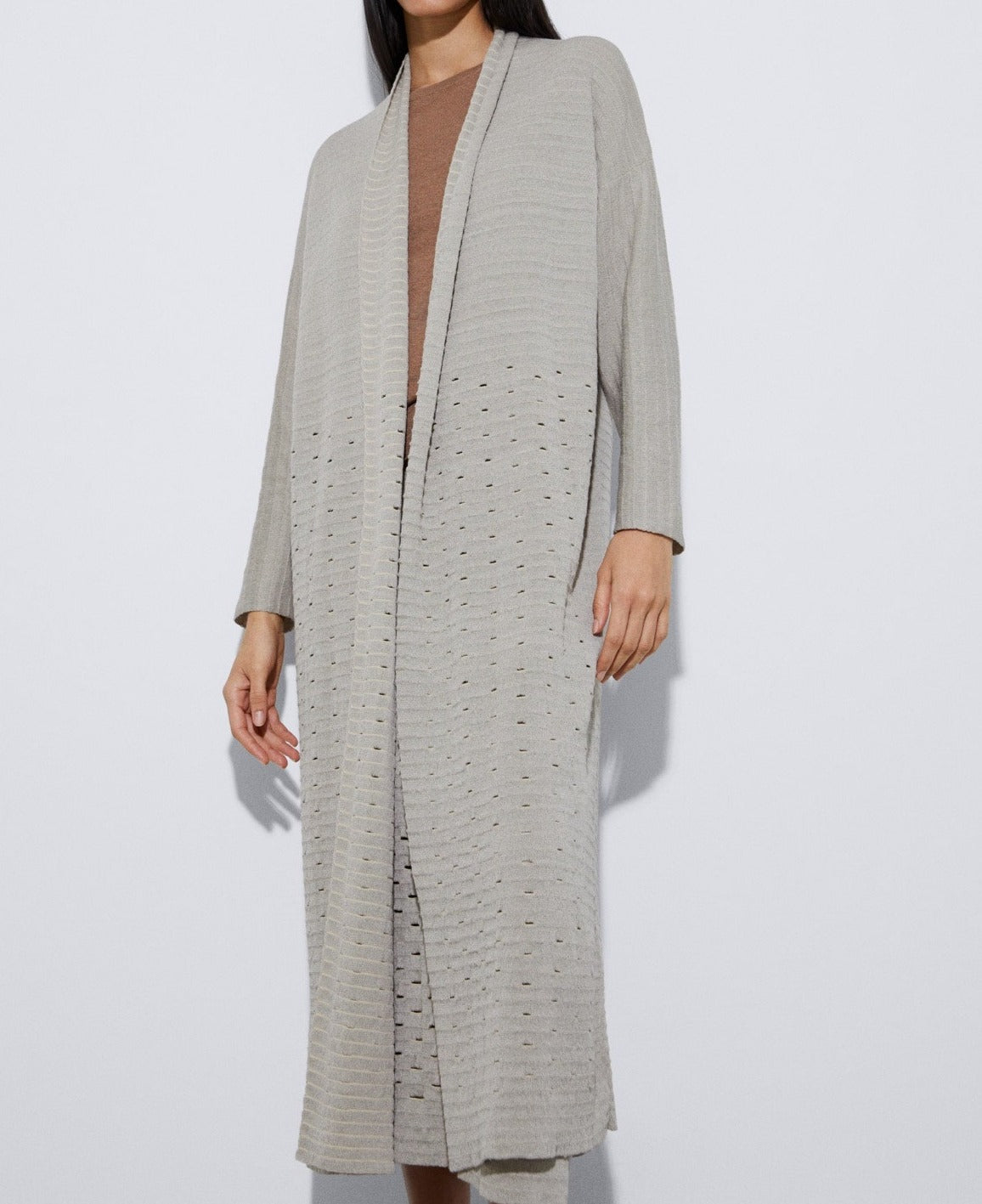 Women Knit Jacket | Sand Long Jacket With Openwork Detail by Spanish designer Adolfo Dominguez