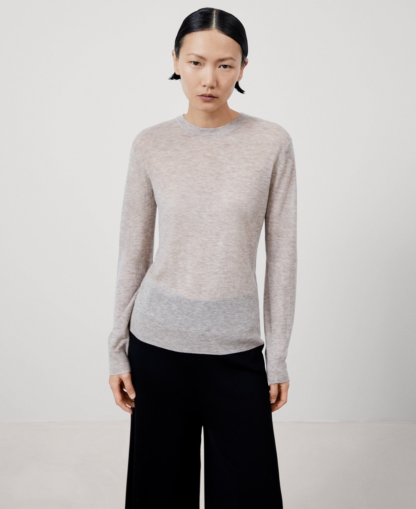 Women Jersey | Sand Melange Merino Wool Crew Neck Sweater by Spanish designer Adolfo Dominguez