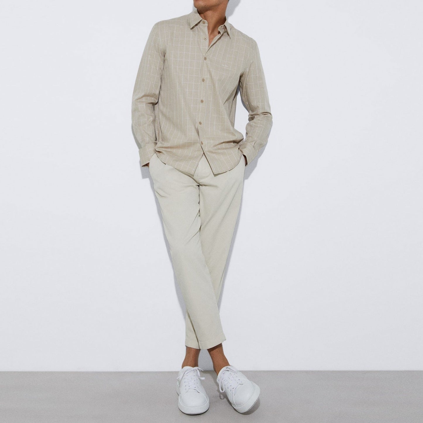 Men Shirt | Sand Plaid Cotton Shirt by Spanish designer Adolfo Dominguez