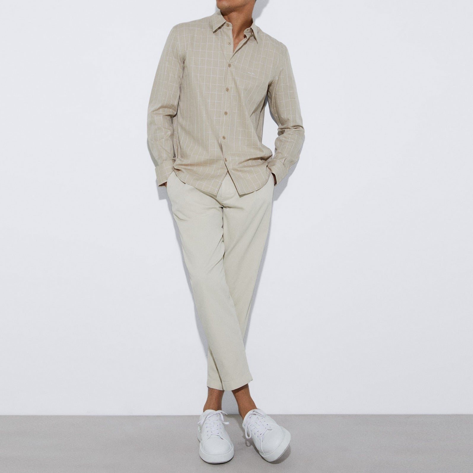 Men Shirt | Sand Plaid Cotton Shirt by Spanish designer Adolfo Dominguez