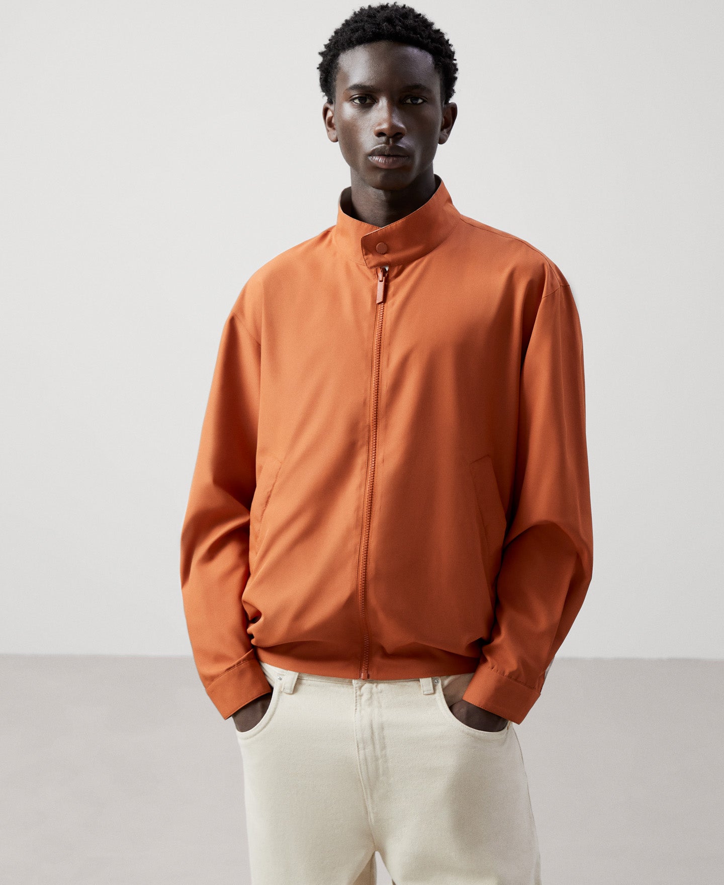 Men Jacket | Sand Reversible Mandarin Collar Harrington by Spanish designer Adolfo Dominguez