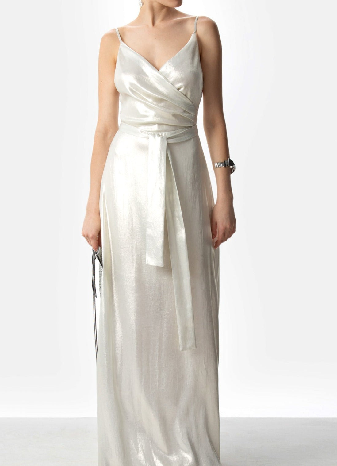 Women Cocktail Dress | Silver Color Long Dress With Heart Neckline by Spanish designer Adolfo Dominguez