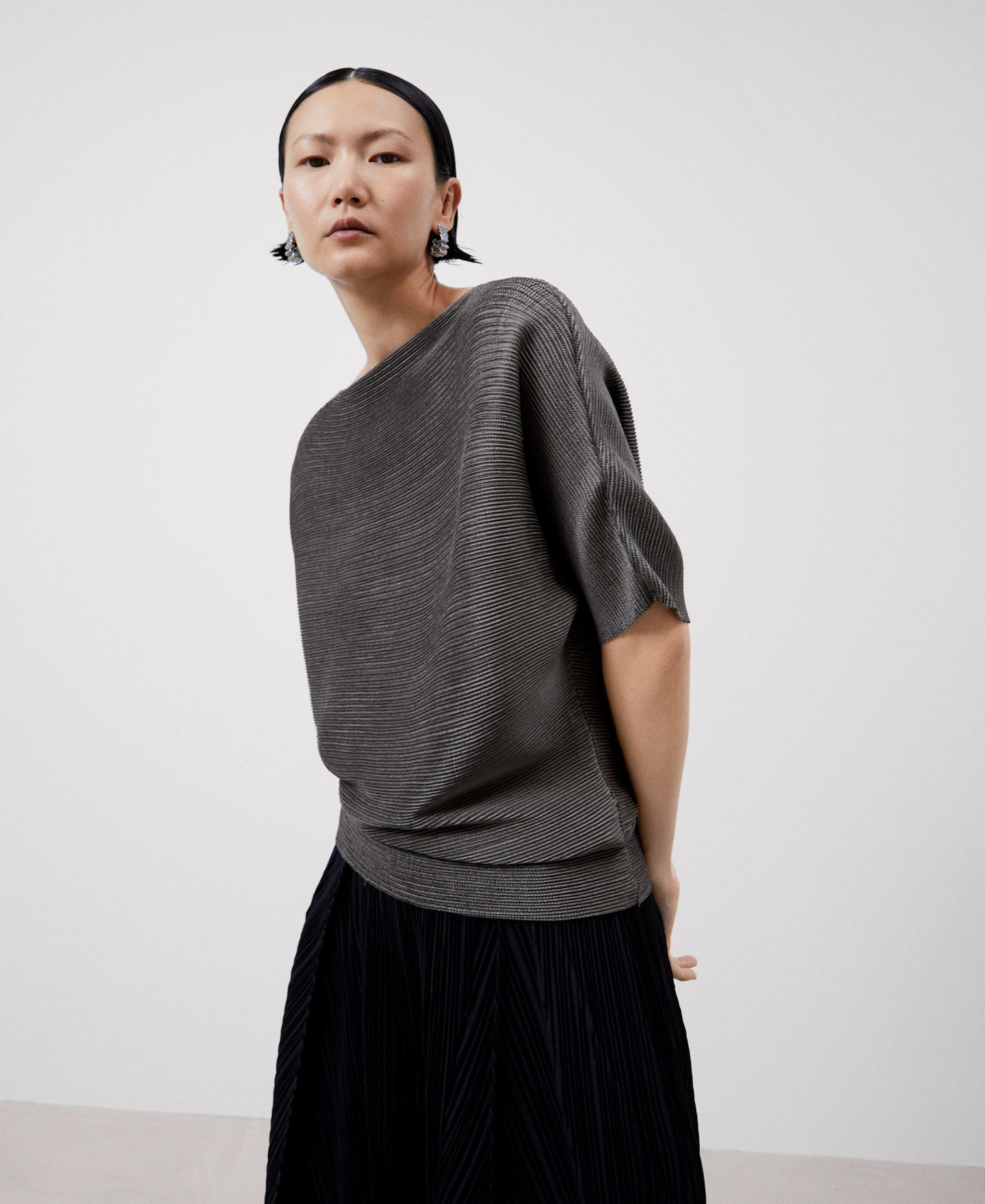 Women Shirt | Silver Crinkle Bat Sleeve Sweater by Spanish designer Adolfo Dominguez