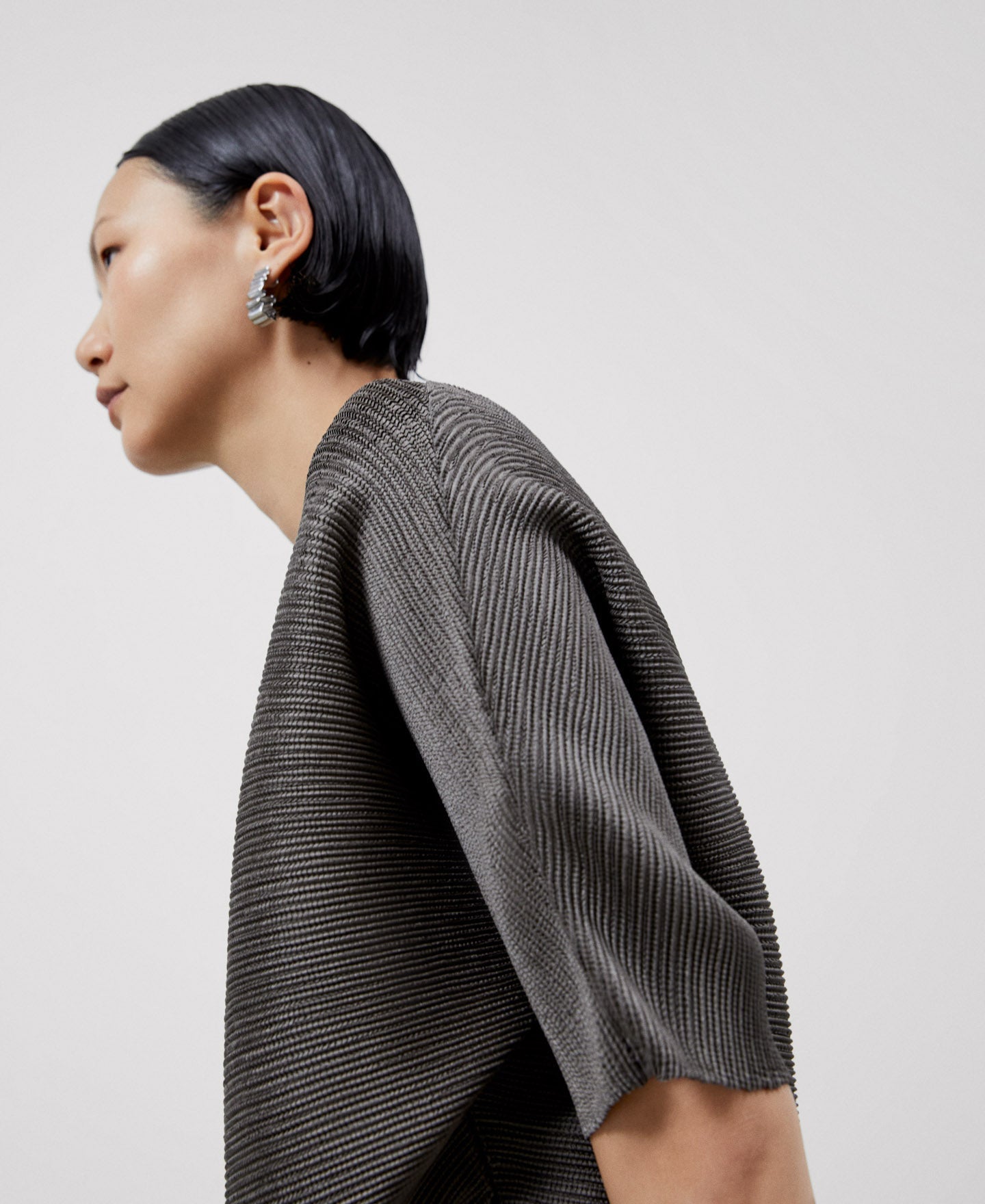 Women Shirt | Silver Crinkle Bat Sleeve Sweater by Spanish designer Adolfo Dominguez