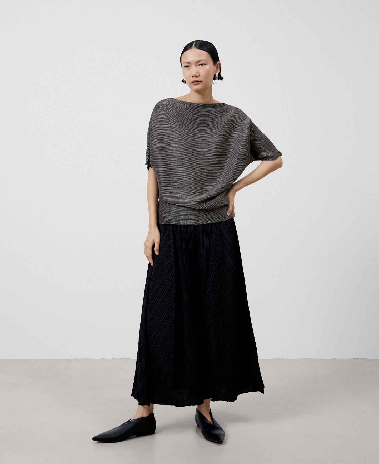 Women Shirt | Silver Crinkle Bat Sleeve Sweater by Spanish designer Adolfo Dominguez