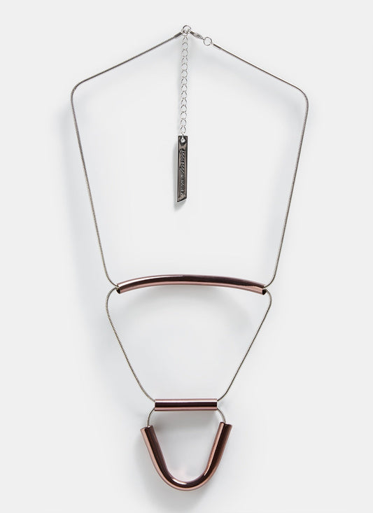 Women Necklace | Silver/Chocolate Short Three Tier Tubular Abstract Neck by Spanish designer Adolfo Dominguez
