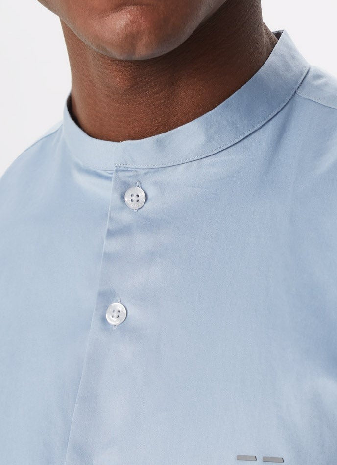 Men Shirt | Sky Blue Cotton Satin Mandarin Collar Shirt by Spanish designer Adolfo Dominguez