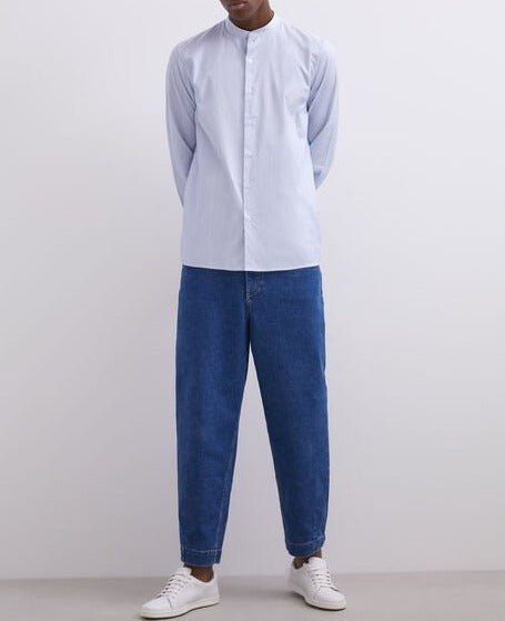 Men Shirt | Sky Blue Mandarin Collar Microstripe Cotton Shirt by Spanish designer Adolfo Dominguez