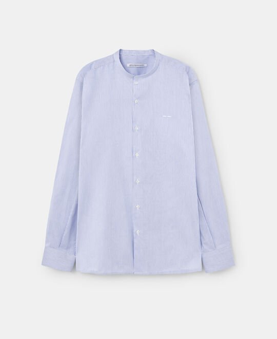 Men Shirt | Sky Blue Mandarin Collar Microstripe Cotton Shirt by Spanish designer Adolfo Dominguez