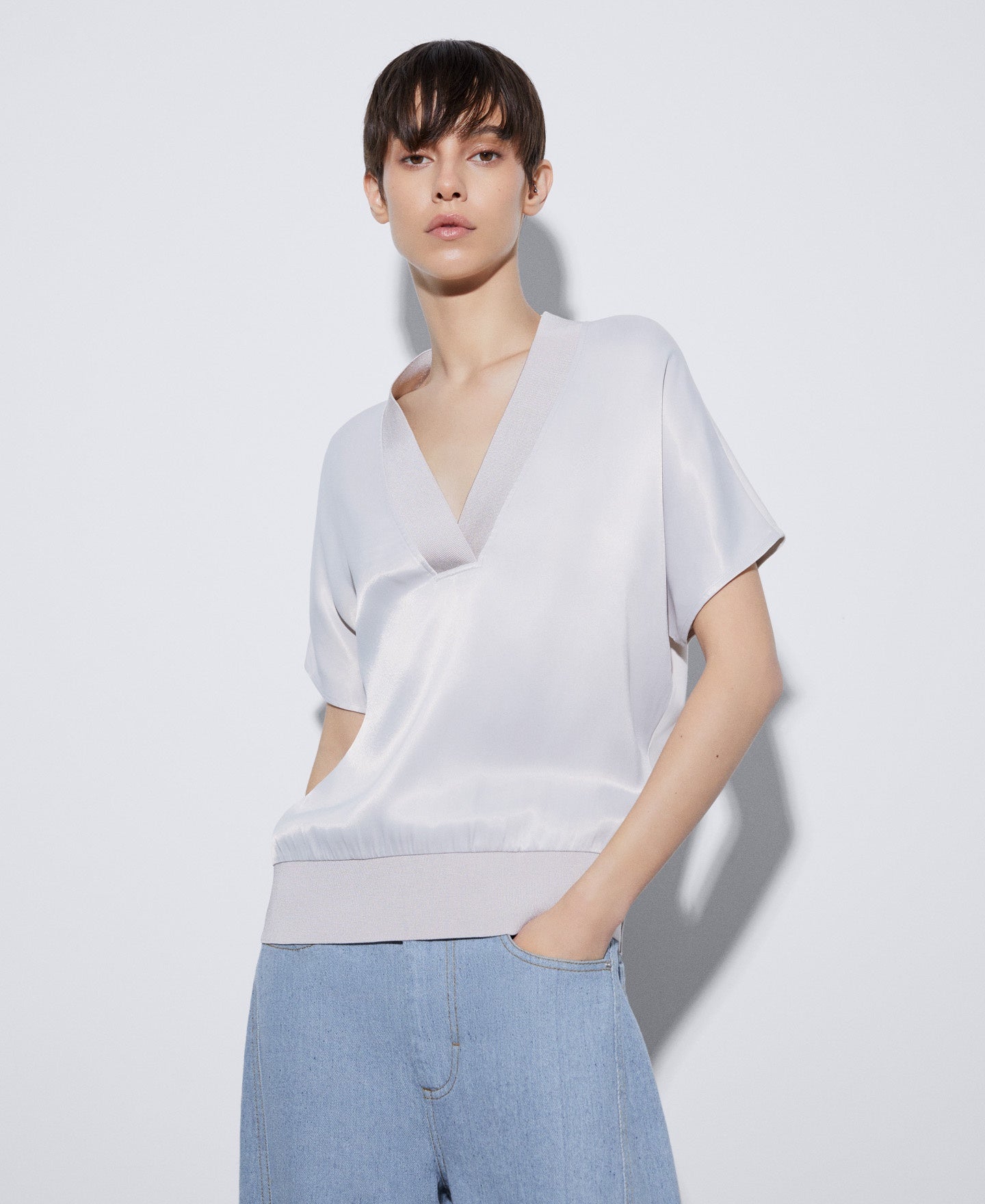 Women T-Shirt (Short Sleeve) | Stone Elasticated Waistband Viscose T-Shirt by Spanish designer Adolfo Dominguez