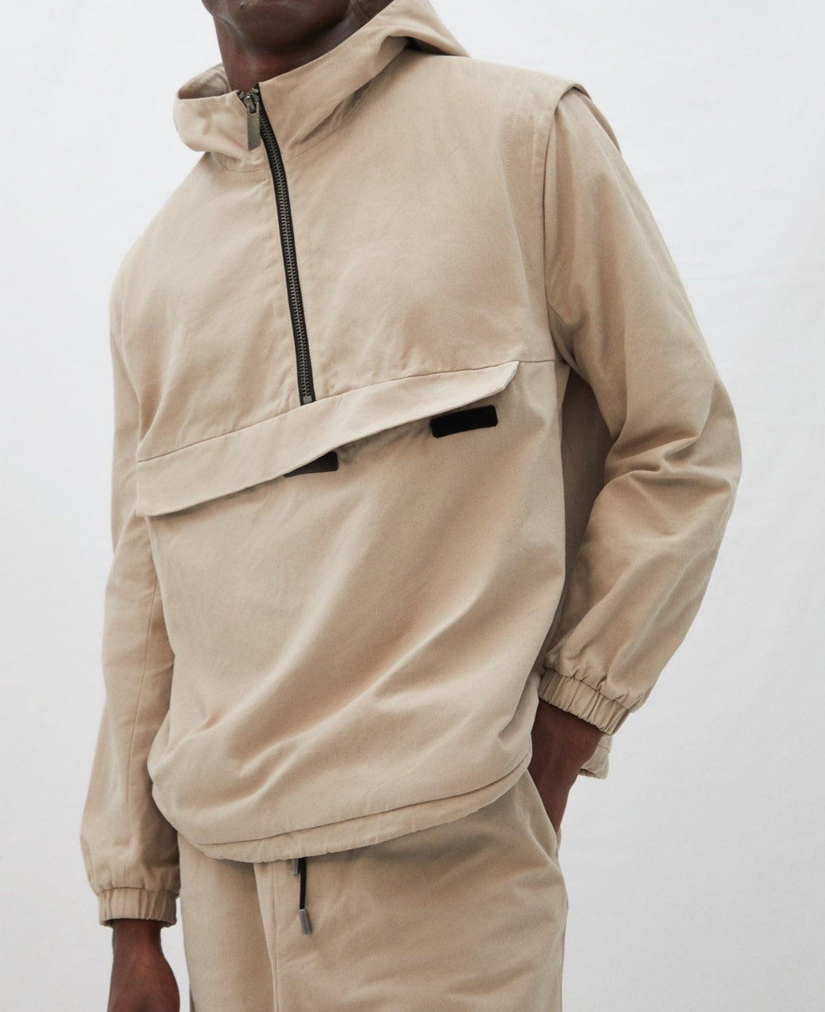 Men Short Jacket | Stone Nylon Twill Hooded Kangaroo by Spanish designer Adolfo Dominguez