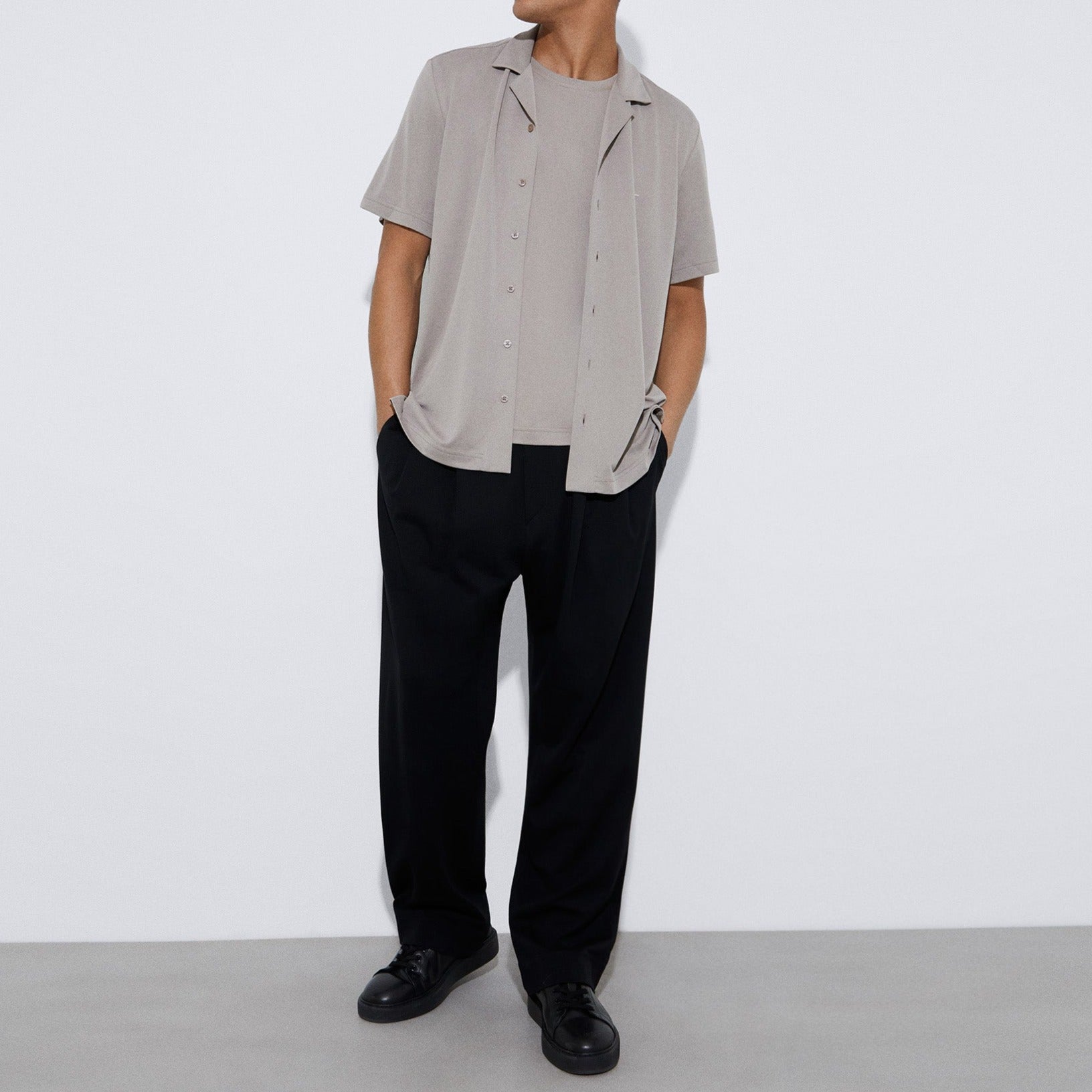 Men Polo | Stone Responsible Modal Bowling Shirt by Spanish designer Adolfo Dominguez