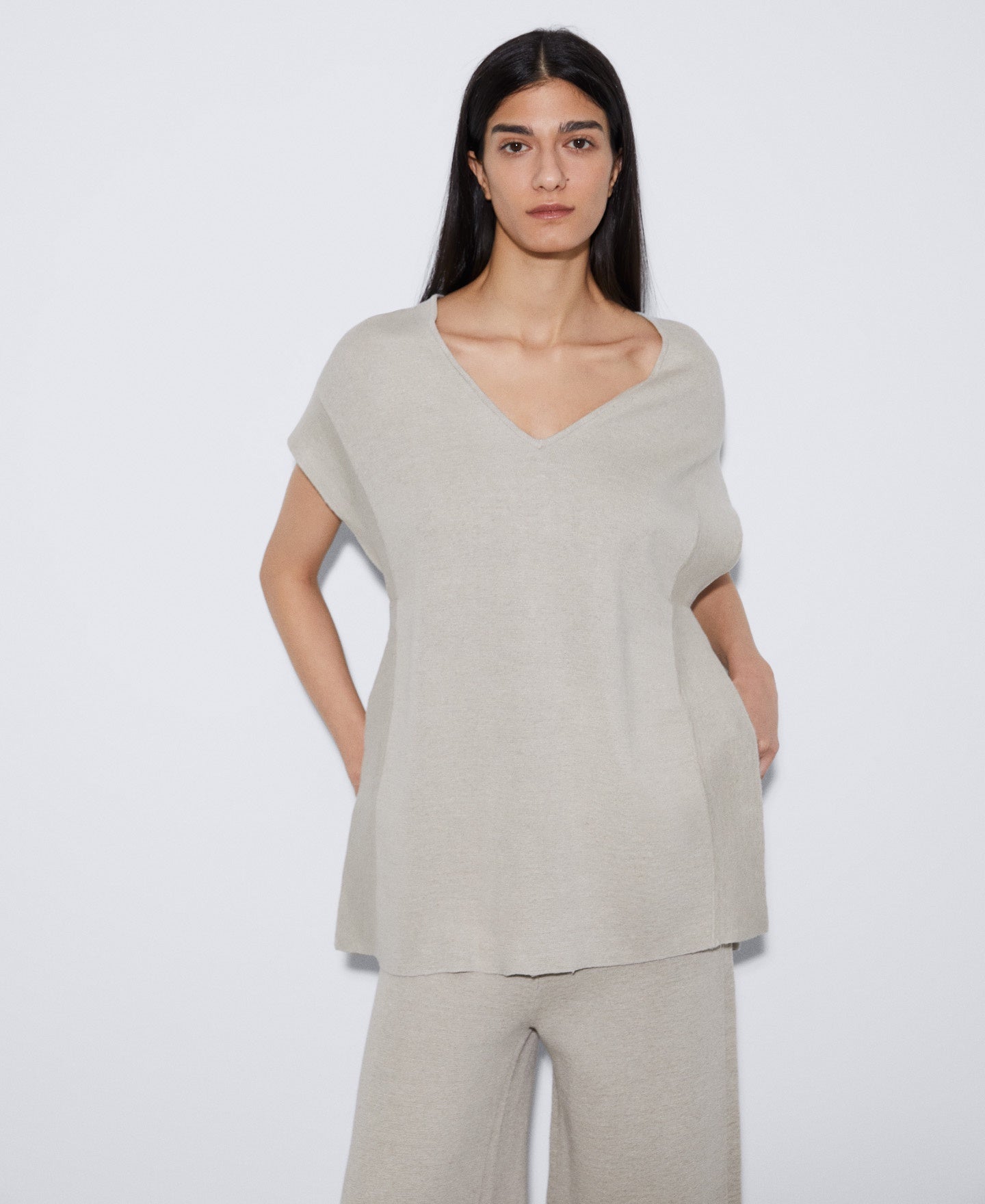 Women Jersey | Stone/Ecru Double-Fronted Linen Jacket by Spanish designer Adolfo Dominguez