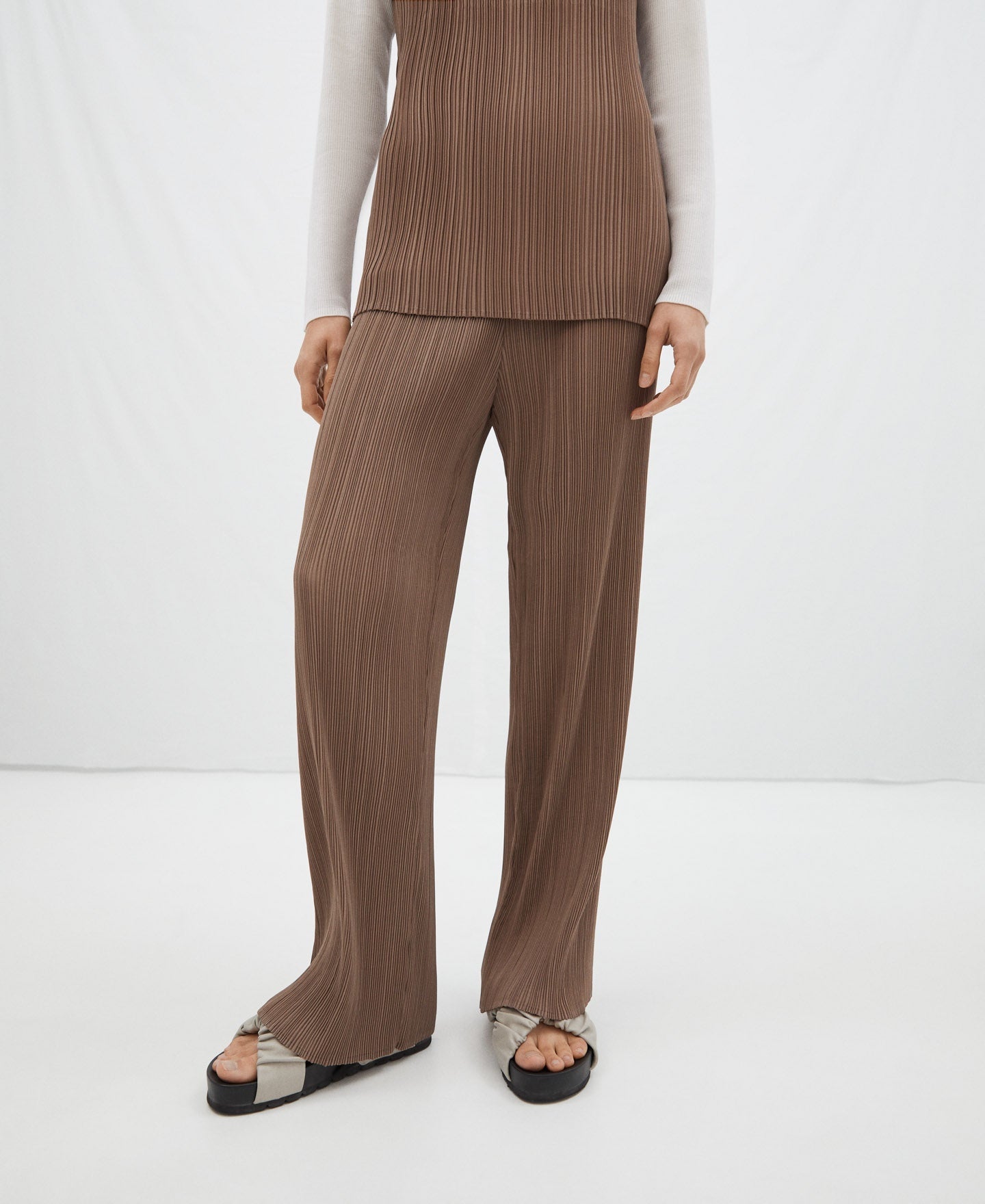 Women Trousers | Taupe Straight Crinkle Pants by Spanish designer Adolfo Dominguez