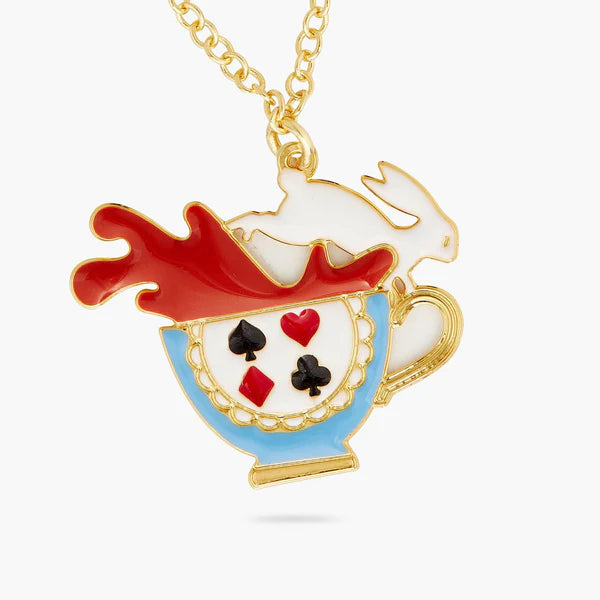 Tea cup and white rabbit pendant necklace | AQUI3051