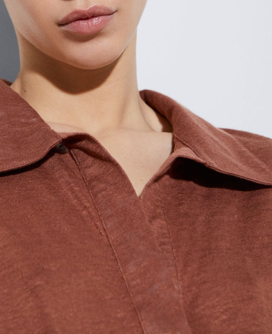 Women T-Shirt (Short Sleeve) | Terracotta Linen Polo Shirt With Placket by Spanish designer Adolfo Dominguez