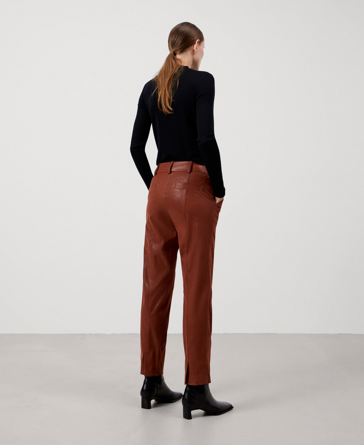Women Trousers | Terracotta Vegan Suede High Rise Trousers by Spanish designer Adolfo Dominguez