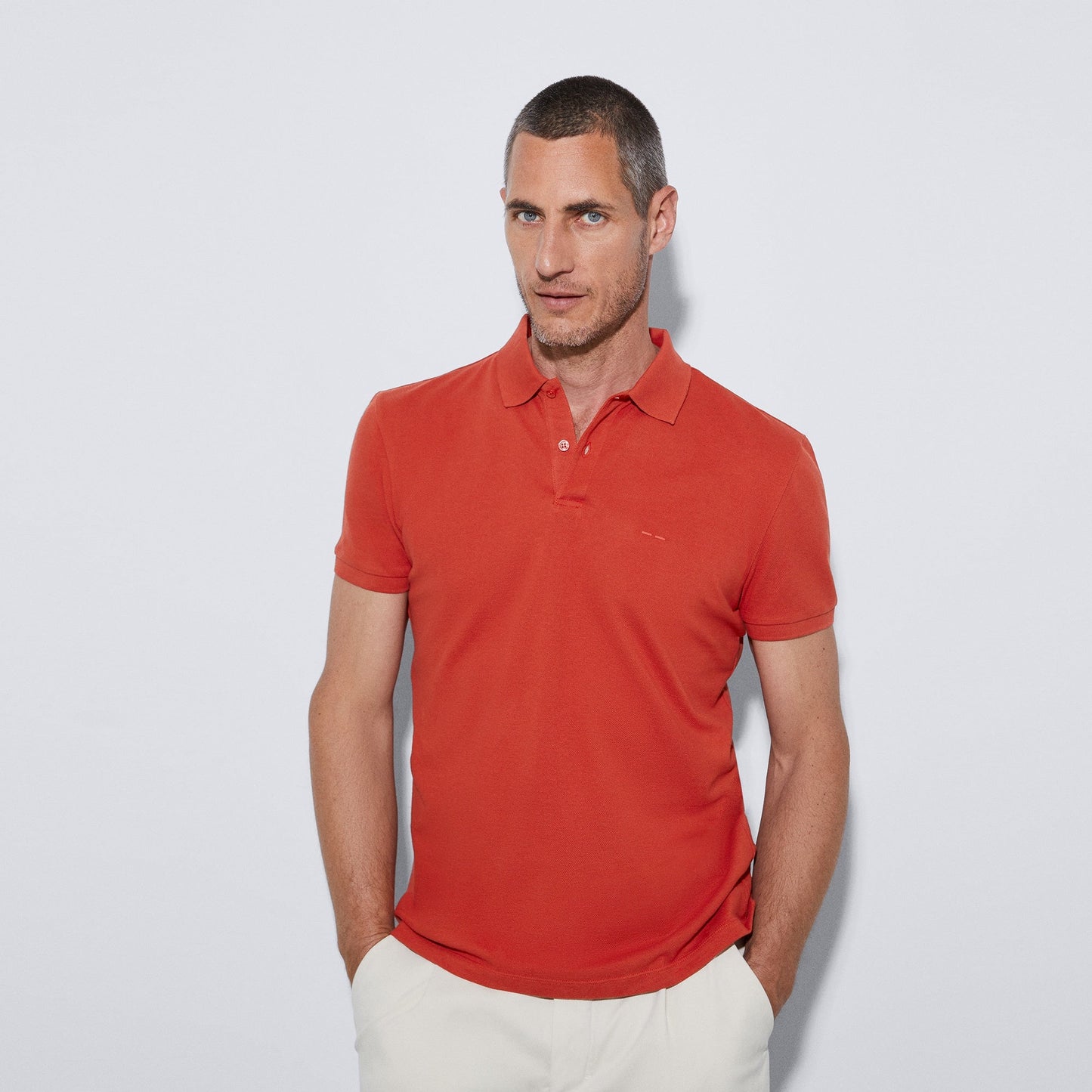 Men Polo | Tile Red Cotton Pique Two Button Polo Shirt by Spanish designer Adolfo Dominguez