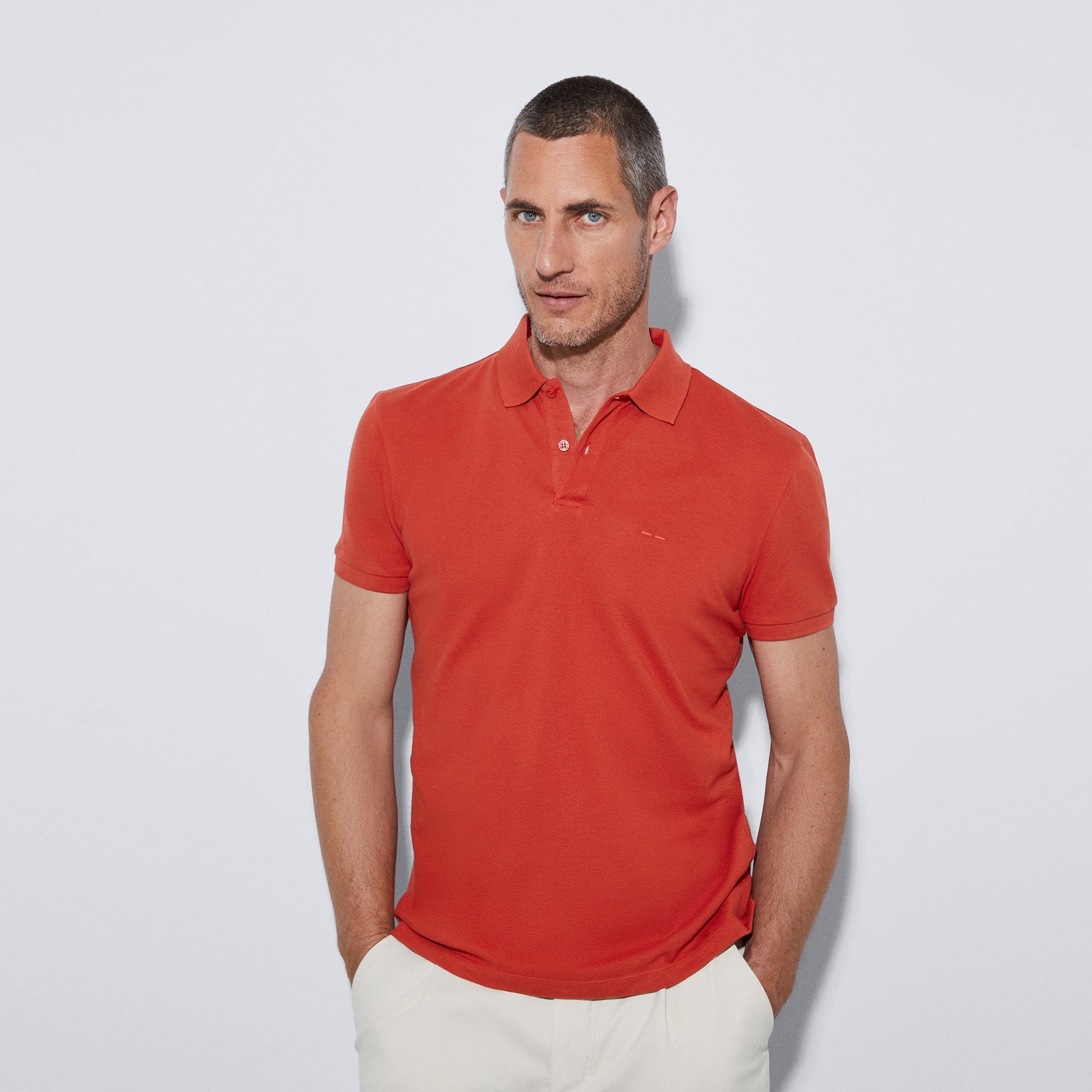 Men Polo | Tile Red Cotton Pique Two Button Polo Shirt by Spanish designer Adolfo Dominguez