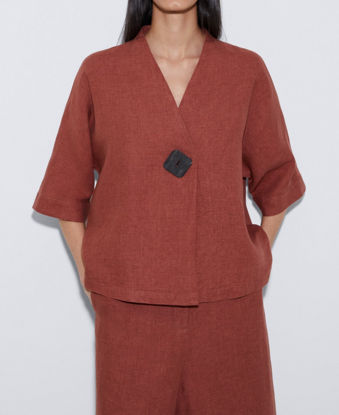 Women Shirt | Tile Red European Responsible Linen Shirt by Spanish designer Adolfo Dominguez