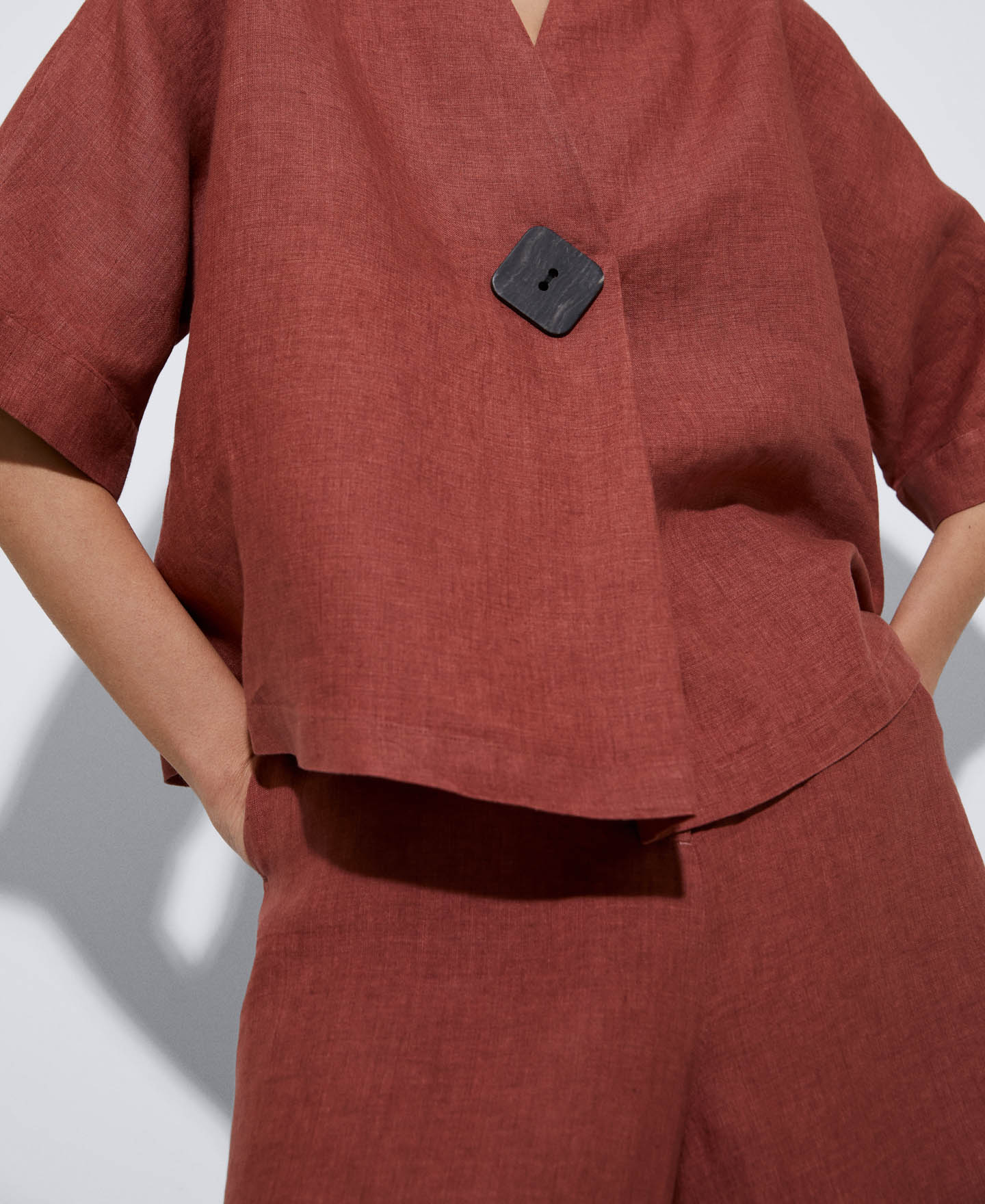 Women Shirt | Tile Red European Responsible Linen Shirt by Spanish designer Adolfo Dominguez