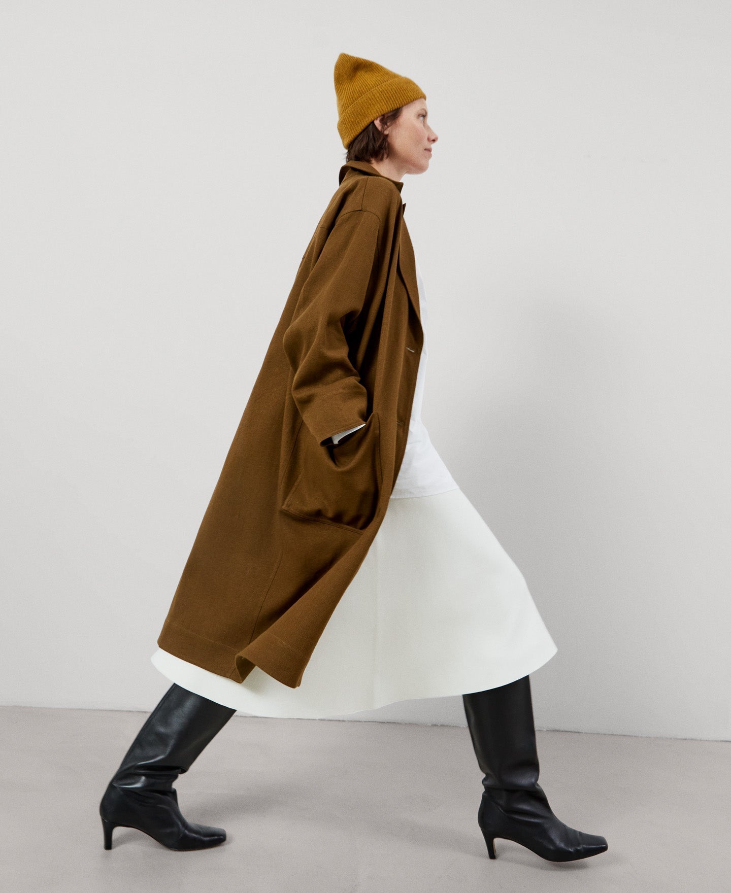 Women Coat | Tobacco Linen Twill Long Coat by Spanish designer Adolfo Dominguez