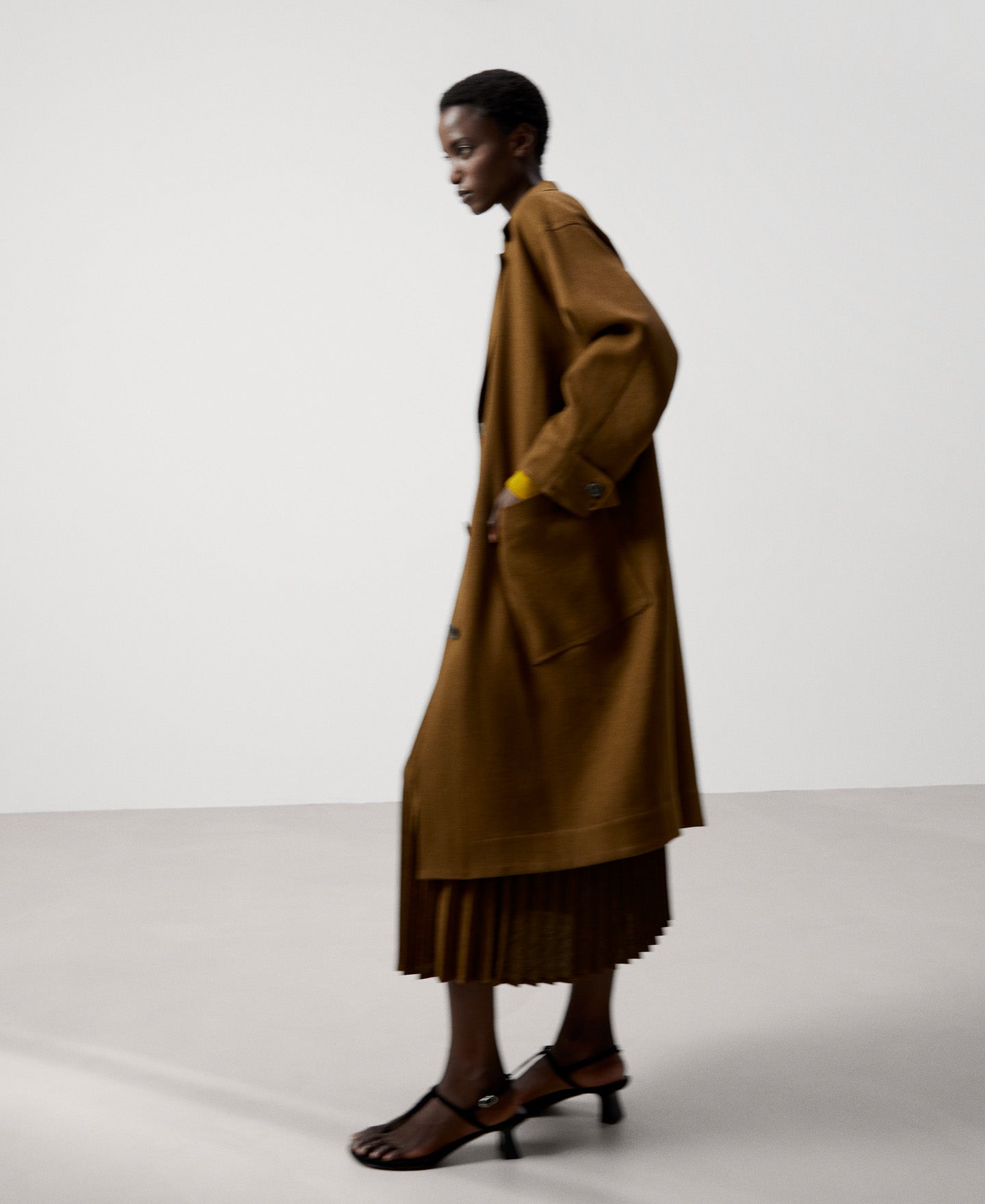Women Coat | Tobacco Linen Twill Long Coat by Spanish designer Adolfo Dominguez