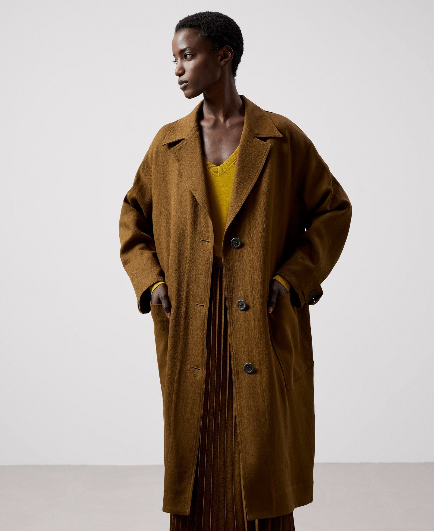 Women Coat | Tobacco Linen Twill Long Coat by Spanish designer Adolfo Dominguez
