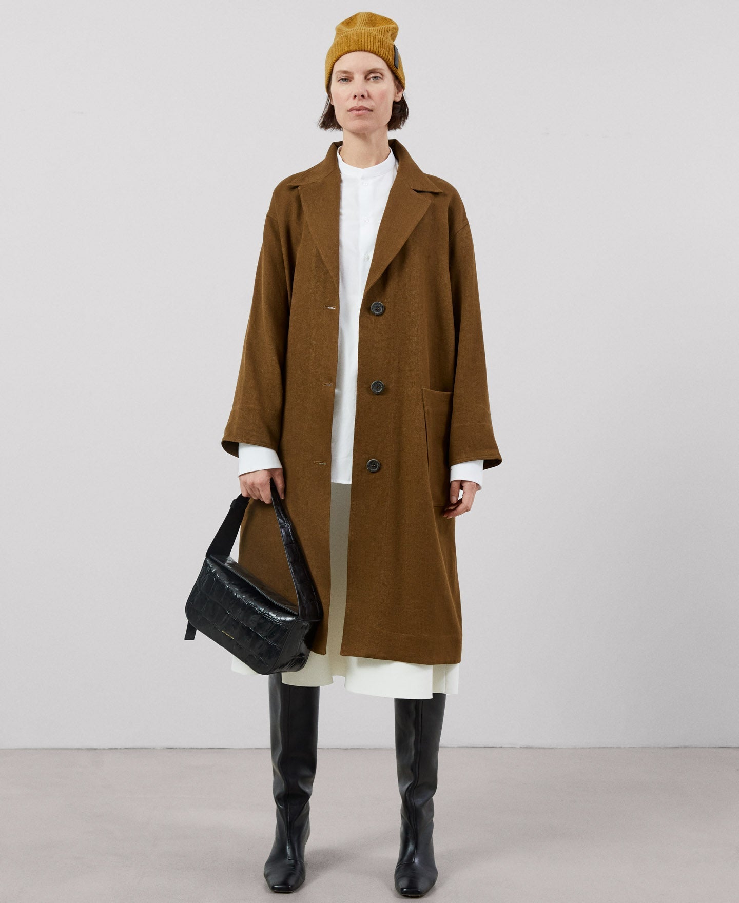 Women Coat | Tobacco Linen Twill Long Coat by Spanish designer Adolfo Dominguez