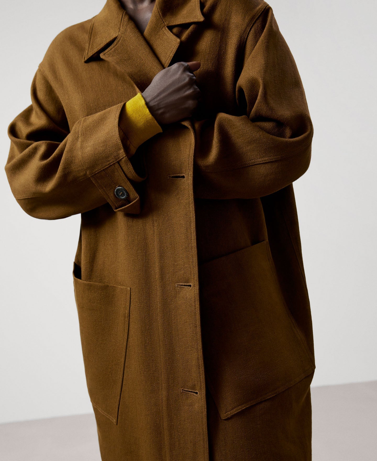 Women Coat | Tobacco Linen Twill Long Coat by Spanish designer Adolfo Dominguez